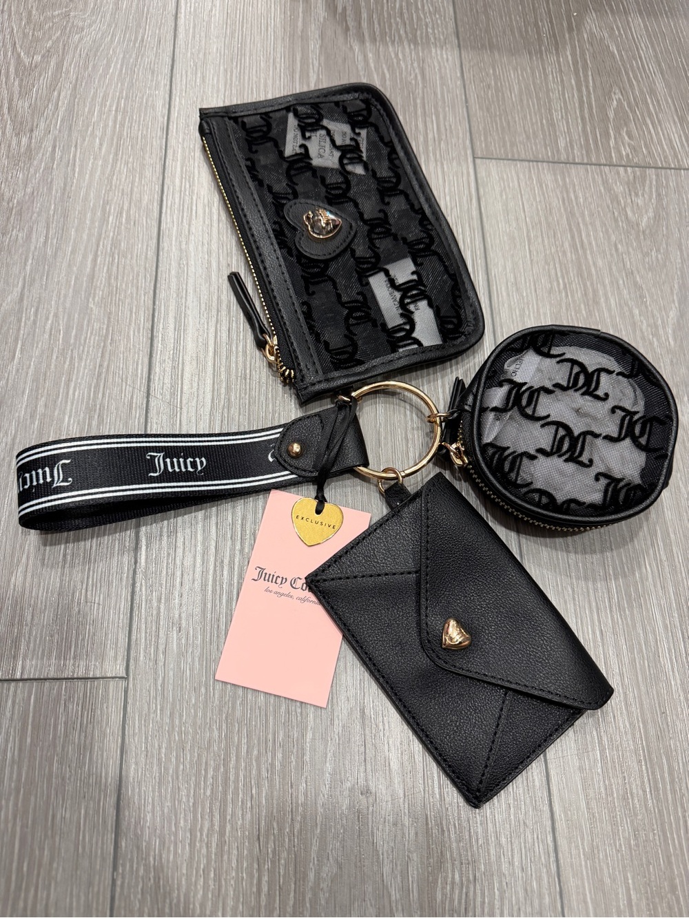 Juicy Couture Black Multi-Pouch Wristlet Keychain with Logo Strap
